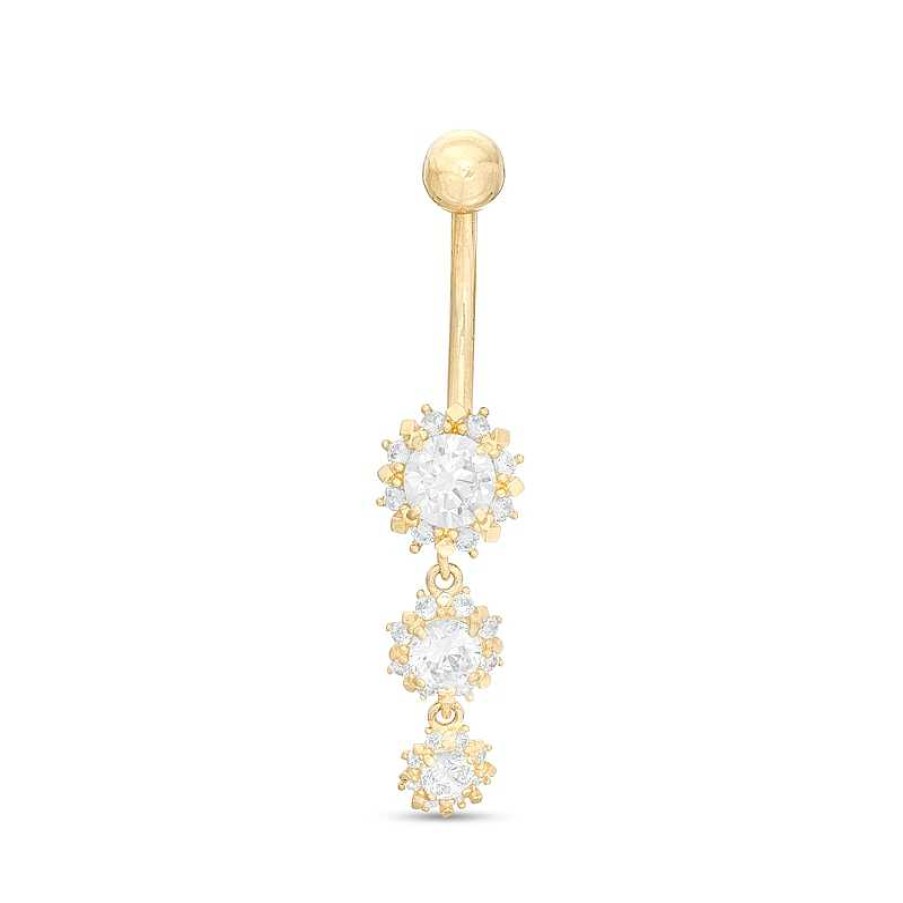 Banter 014 Gauge Cubic Zirconia Flower Graduated Trio Dangle Belly Button Ring In 10K Gold Belly Button