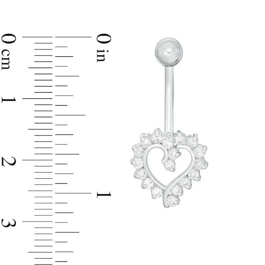 Banter 014 Gauge Cubic Zirconia Shadow Heart Belly Button Ring In 14K White Gold Belly Button