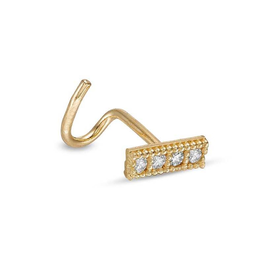 Banter 14K Semi-Solid Gold Cz Beaded Bar Screw-Style Nose Stud - 22G Nose