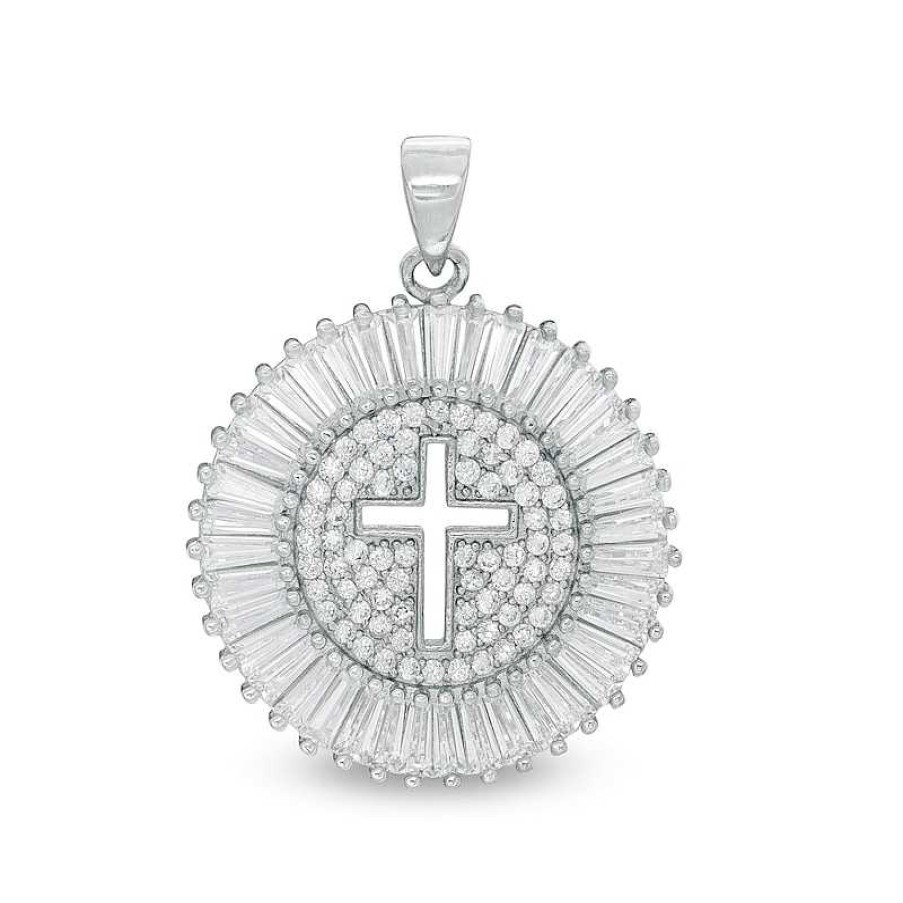 Banter Baguette And Round Cubic Zirconia Disc With Cut-Out Cross Necklace Charm In Solid Sterling Silver Charms