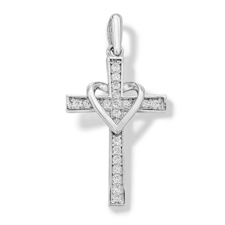 Banter 10K Solid White Gold Cz Cross With Heart Charm Charms