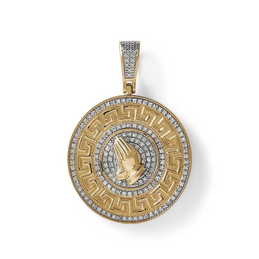 Banter 1/4 Ct. T.W. Diamond Praying Hands And Greek Key Medallion Necklace Charm In 10K Gold Charms