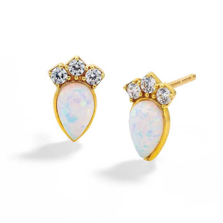 Banter 10K Solid Gold Simulated Opal And Cz Crown And Pear Studs Earrings