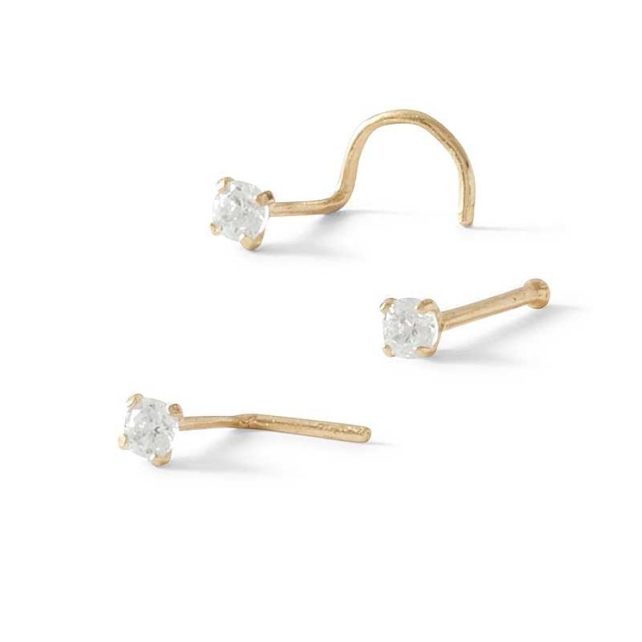 Banter 14K Semi-Solid Gold Cz Bone, L-Shape And Screw Nose Stud Set - 22G Nose