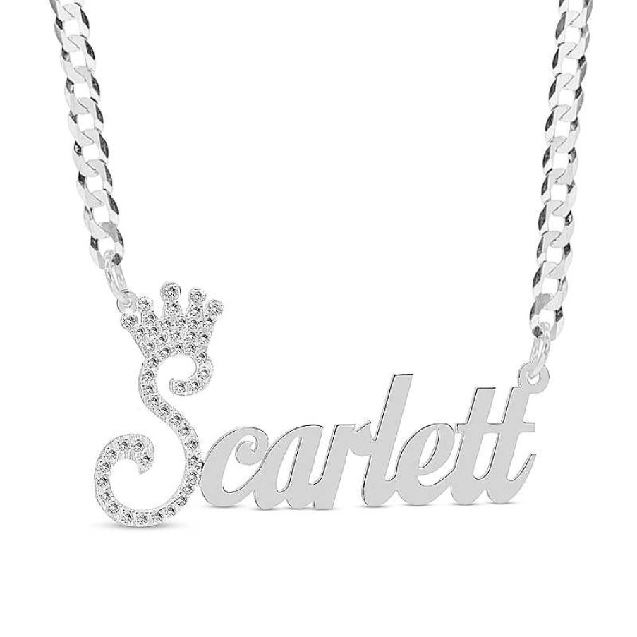 Banter Cubic Zirconia Personalized Crown Name Script Curb Chain Necklace In Sterling Silver - 18" Necklaces