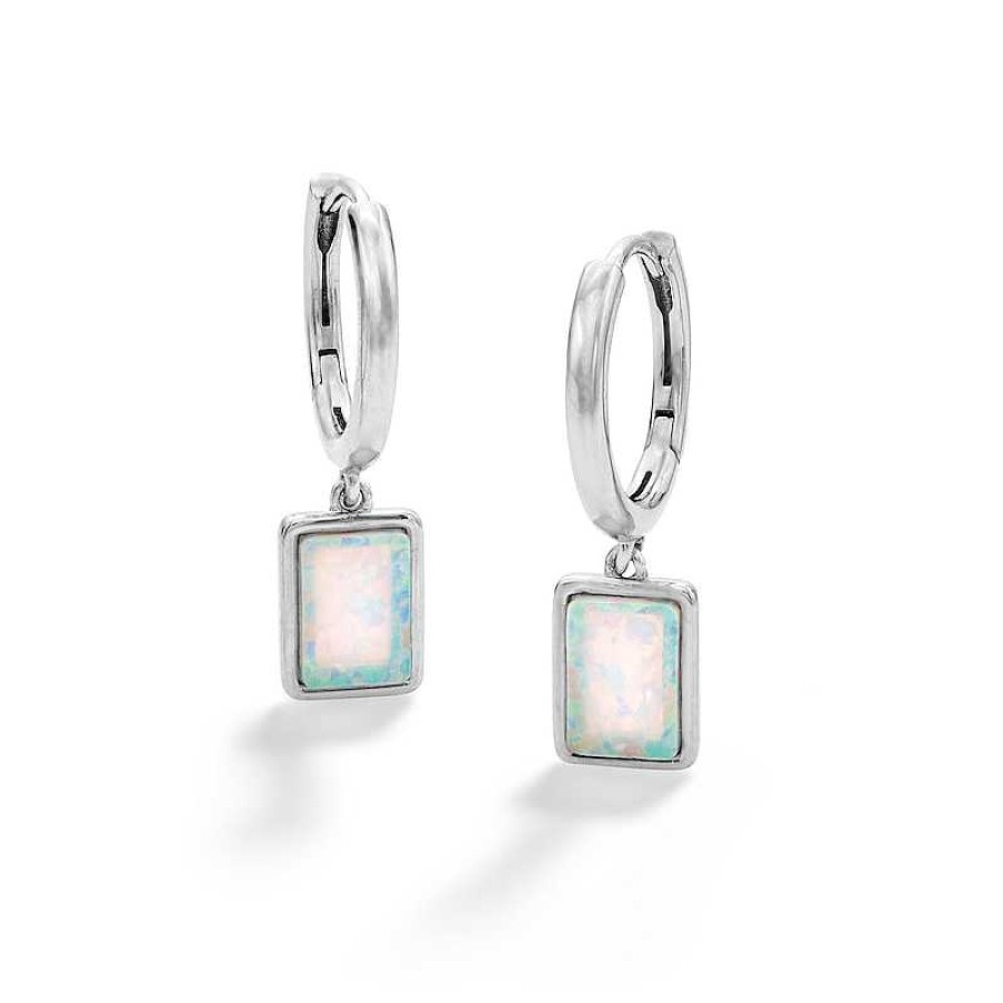 Banter Sterling Silver Simulated Opal Rectangle Dangle Huggies Earrings