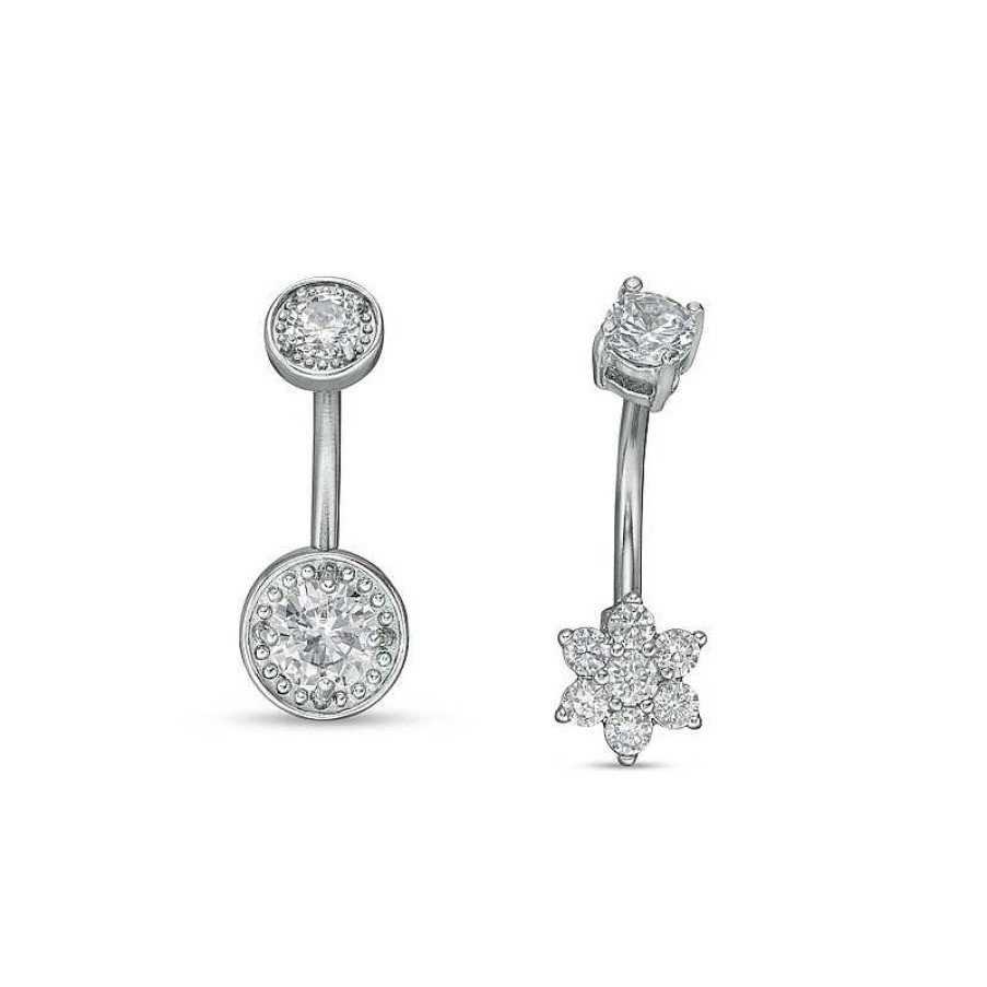 Banter 014 Gauge Cubic Zirconia Bead Frame And Flower Belly Button Ring Set In Stainless Steel And Brass - 7/16" Belly Button