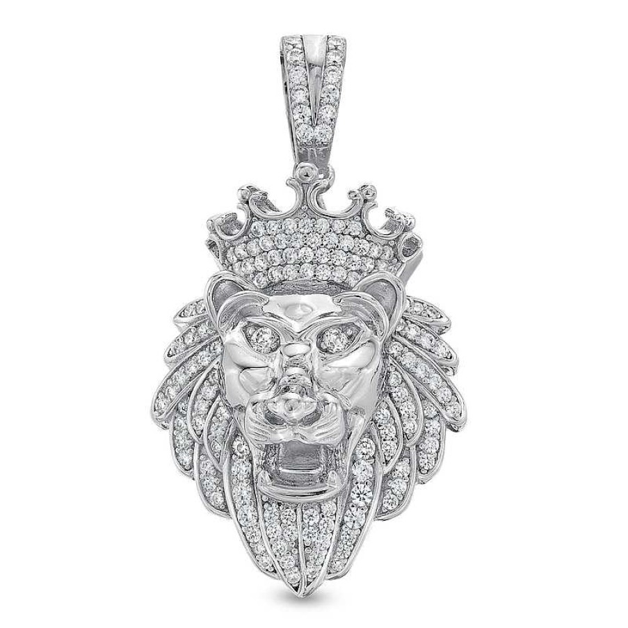 Banter Cubic Zirconia Crowned Lion Head Necklace Charm In Solid Sterling Silver Charms