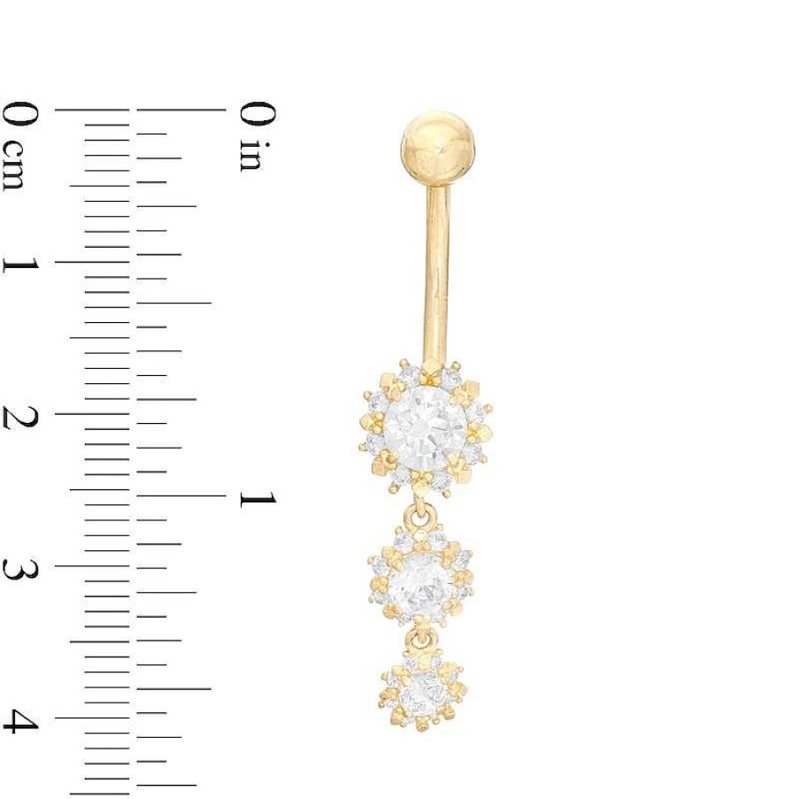 Banter 014 Gauge Cubic Zirconia Flower Graduated Trio Dangle Belly Button Ring In 10K Gold Belly Button