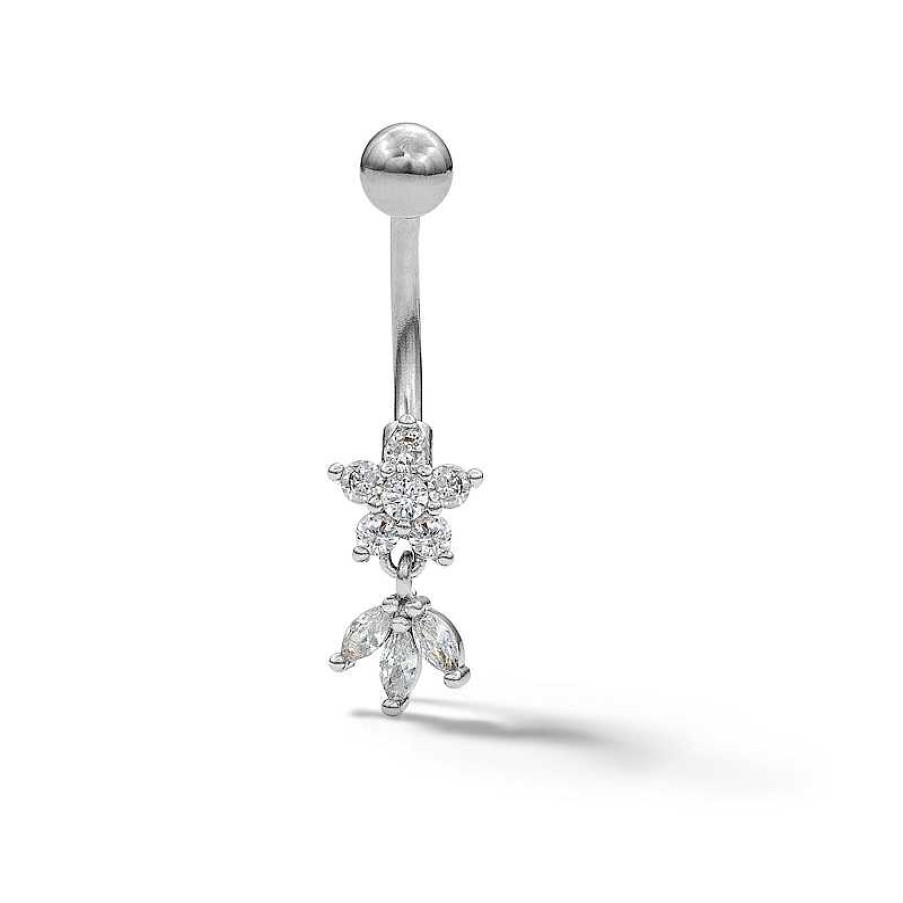 Banter Stainless Steel Cz Lotus Flower Dangle Belly Button Ring - 14G 7/16" Belly Button