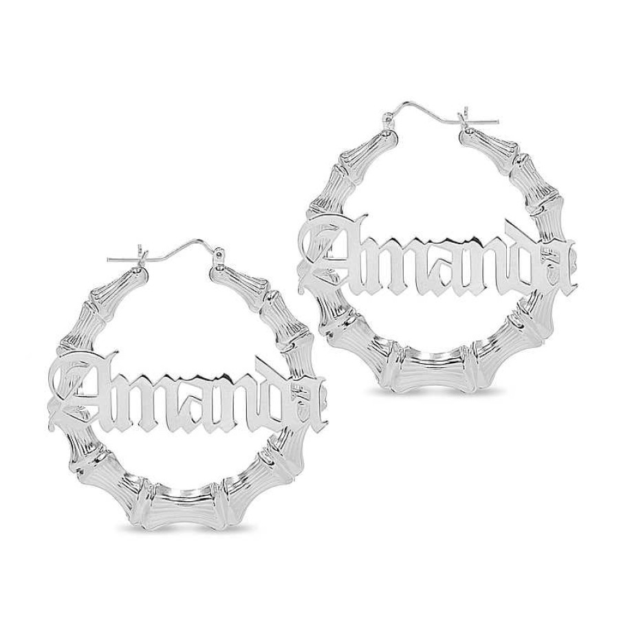 Banter Personalized Gothic Name Bamboo Hoop Earrings In Sterling Silver Earrings