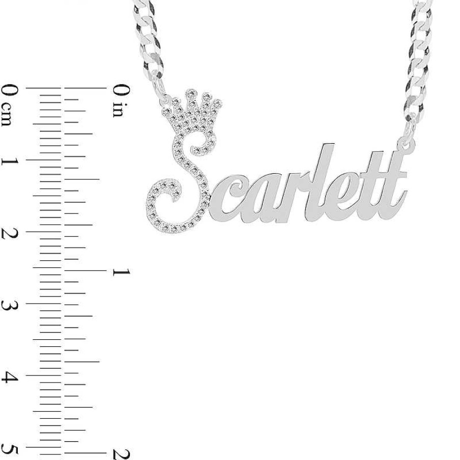 Banter Cubic Zirconia Personalized Crown Name Script Curb Chain Necklace In Sterling Silver - 18" Necklaces