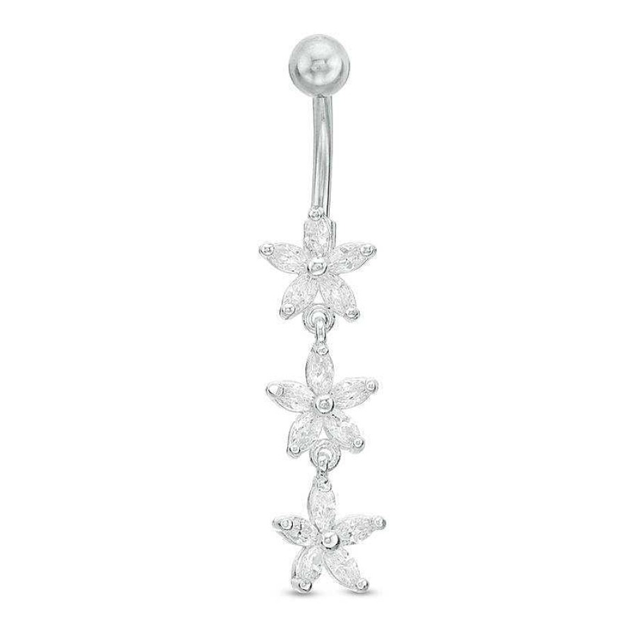 Banter Solid Stainless Steel Cz Marquise Triple Flower Dangle Belly Button Ring - 14G Belly Button