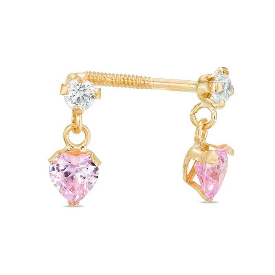 Banter Child'S Pink Heart-Shaped And Round White Cubic Zirconia Drop Earrings In 10K Gold Earrings