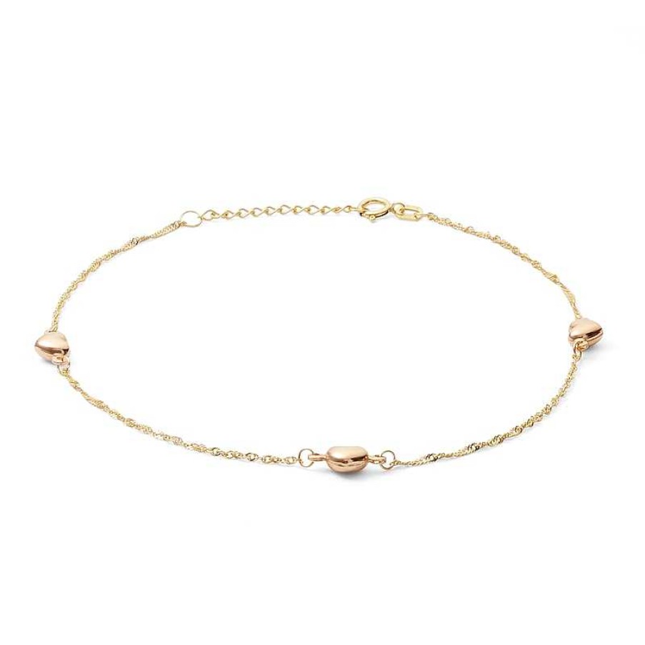 Banter Puff Heart Station Anklet In 10K Solid Two-Tone Gold - 10" Ankle