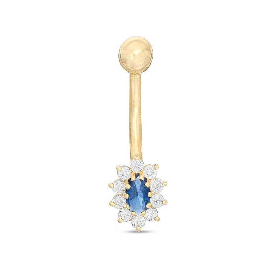 Banter 014 Gauge Oval Blue And Round White Cubic Zirconia Starburst Frame Belly Button Ring In 10K Gold Belly Button