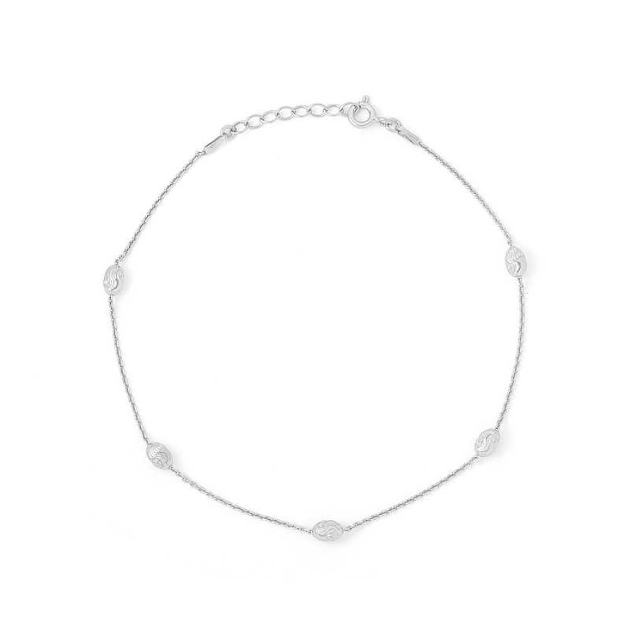 Banter Solid Sterling Silver Diamond-Cut Oval Bead Station Anklet Made In Italy Ankle