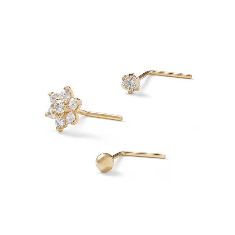 Banter 10K Solid Gold Cz Solitaire And Flower Nose Stud Set - 24G Nose