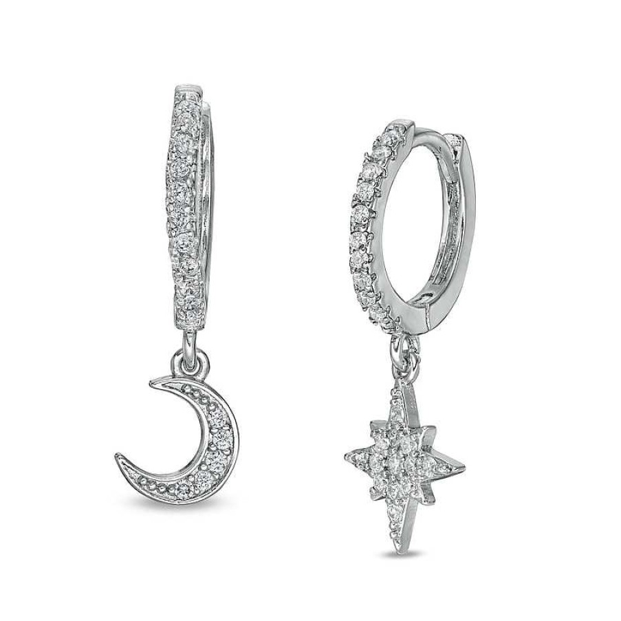 Banter Cubic Zirconia Moon And Star Drop Earrings In Solid Sterling Silver Earrings