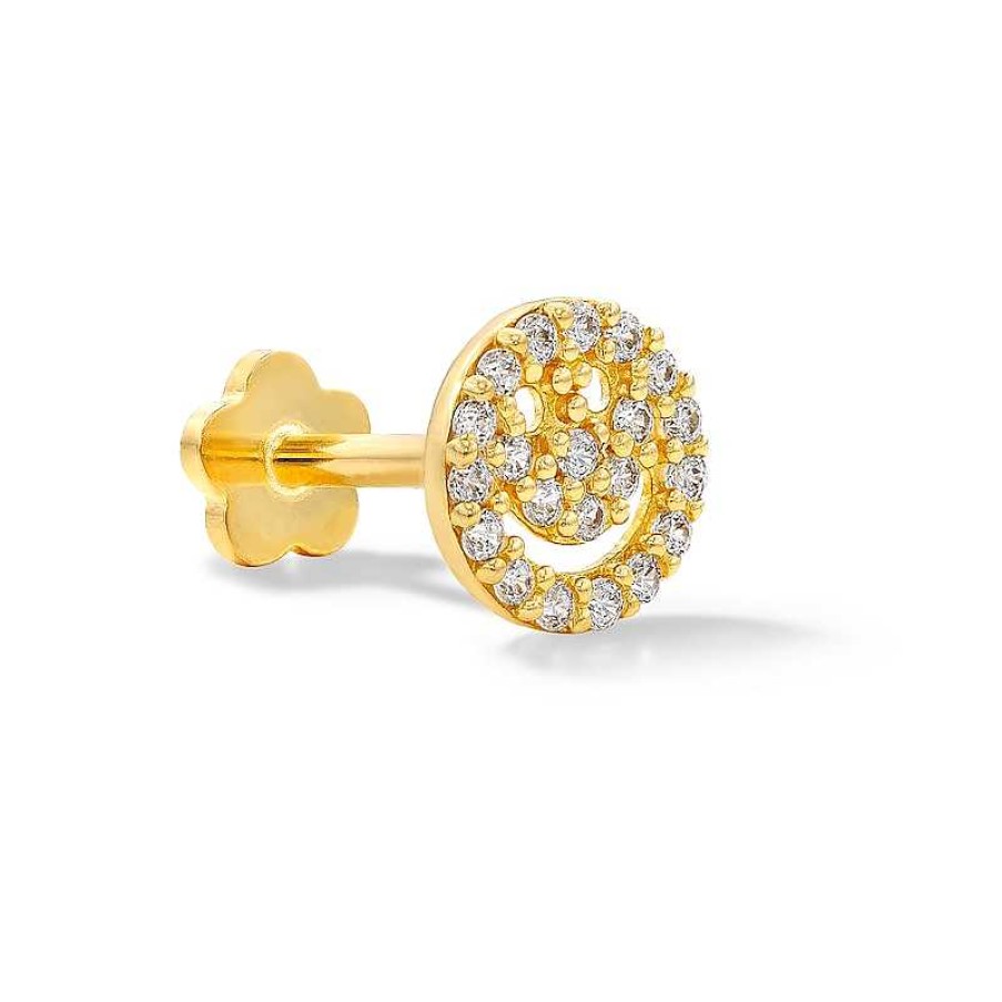 Banter 14K Solid Gold Cz Smiley Face Stud - 18G 5/16" Ear