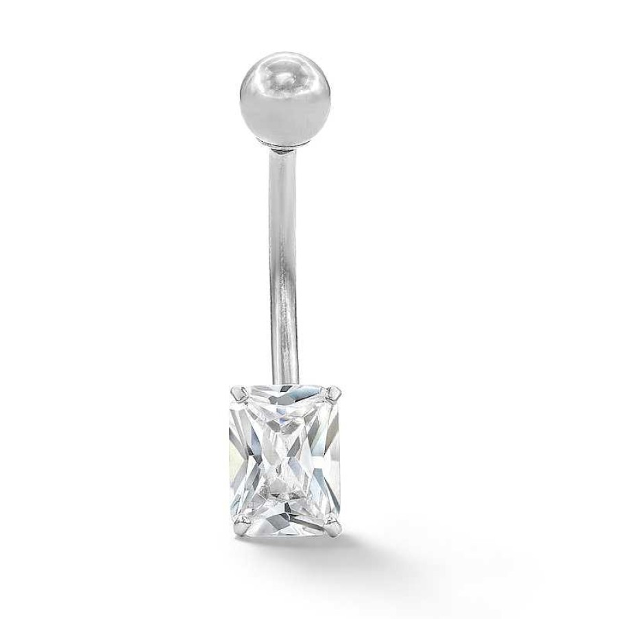 Banter 10K Solid White Gold Cz Radiant-Cut Belly Ring - 14G 7/16" Belly Button