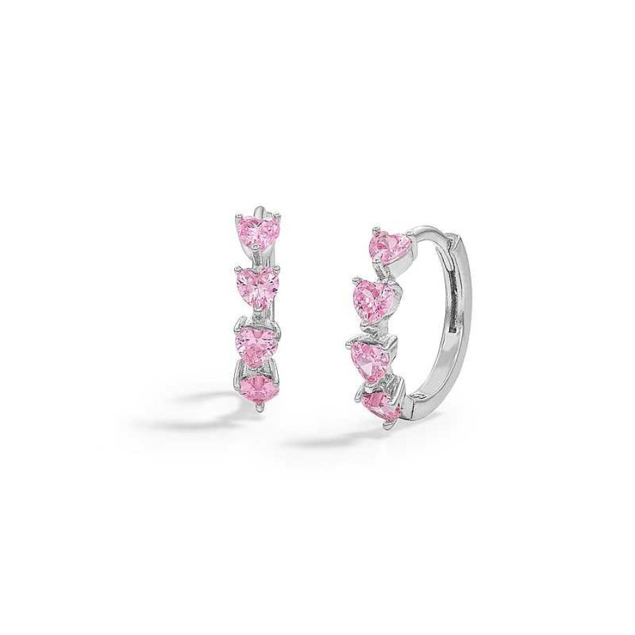 Banter Sterling Silver Pink Cz Heart Huggie Hoops Earrings