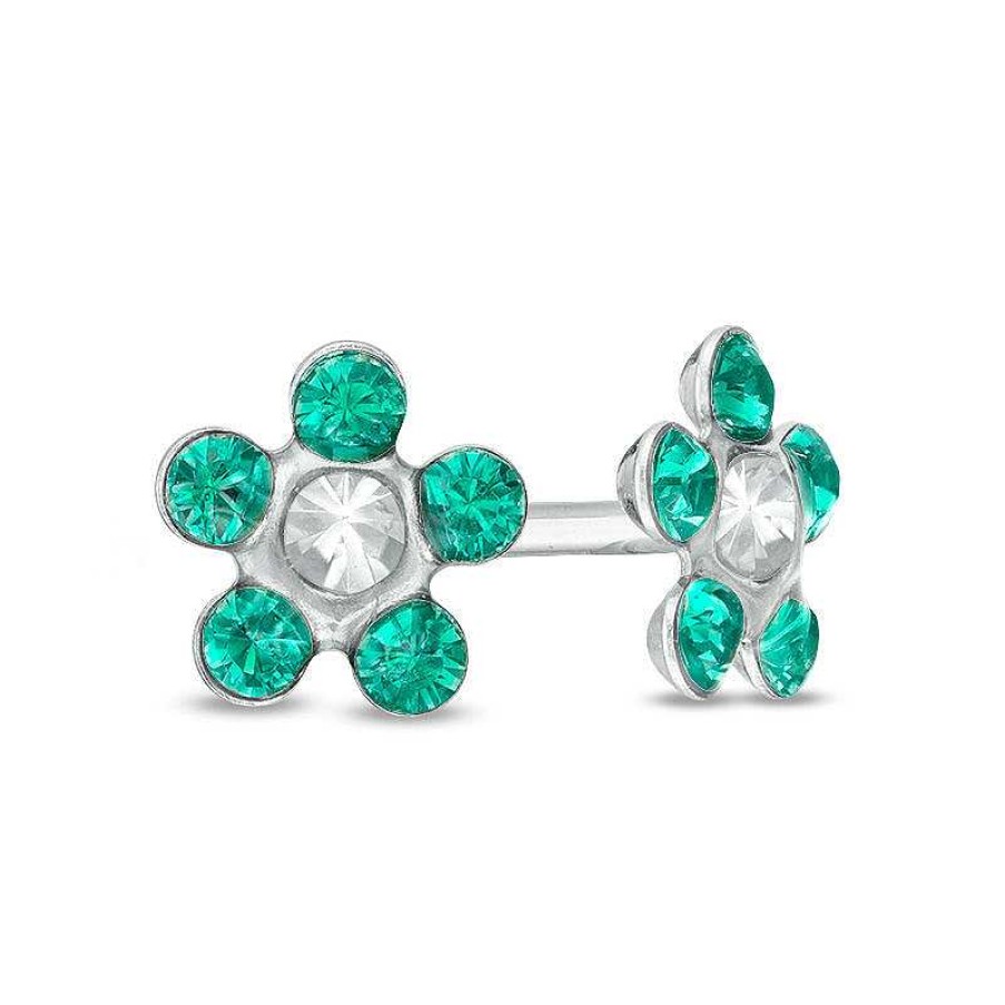 Banter Green Crystal Daisy Stud Piercing Earrings In 14K White Gold Earrings