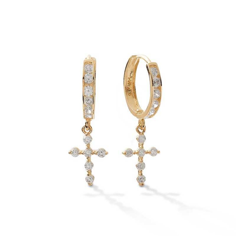 Banter Cubic Zirconia Cross Dangle Huggie Hoop Earrings In 14K Solid Gold Earrings