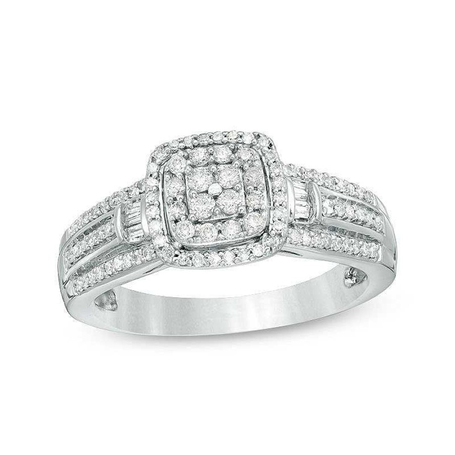 Banter 1/3 Ct. T.W. Quad Diamond Double Cushion Frame Collar Triple Row Engagement Ring In Sterling Silver Rings