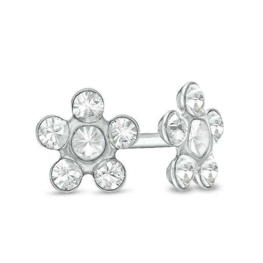 Banter White Crystal Daisy Stud Piercing Earrings In 14K Solid White Gold Earrings