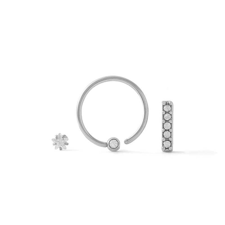 Banter Stainless Steel Tube And Brass Solid Cz Star, Bar And Bead Cartilage Barbell And Hoop Set - 18G Earrings