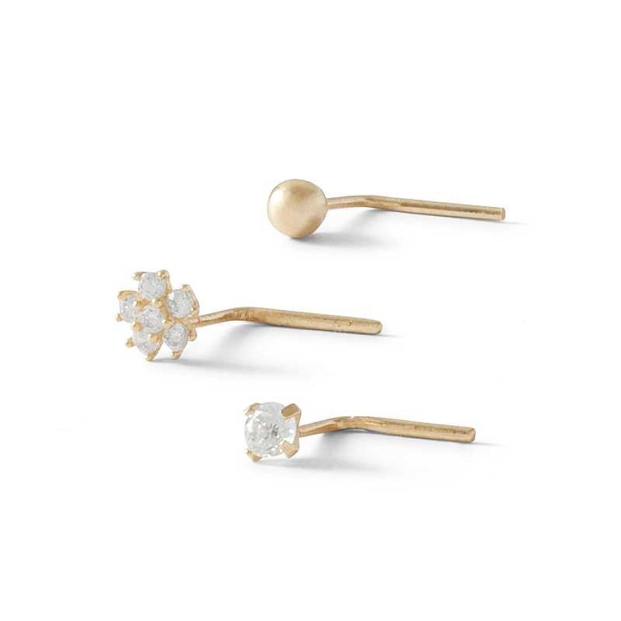 Banter 14K Semi-Solid, Hollow, And Solid Gold Cz Three Nose Stud Set - 22G Nose