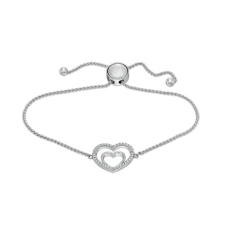 Banter Diamond Accent Double Heart Bolo Bracelet In Sterling Silver 9" Bracelets