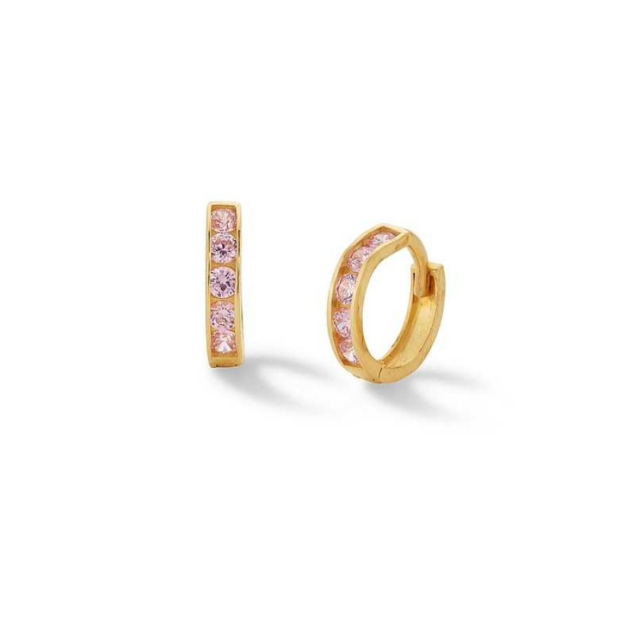 Banter Pink Cubic Zirconia Five Stone Huggie Hoop Earrings In 14K Solid Gold Earrings