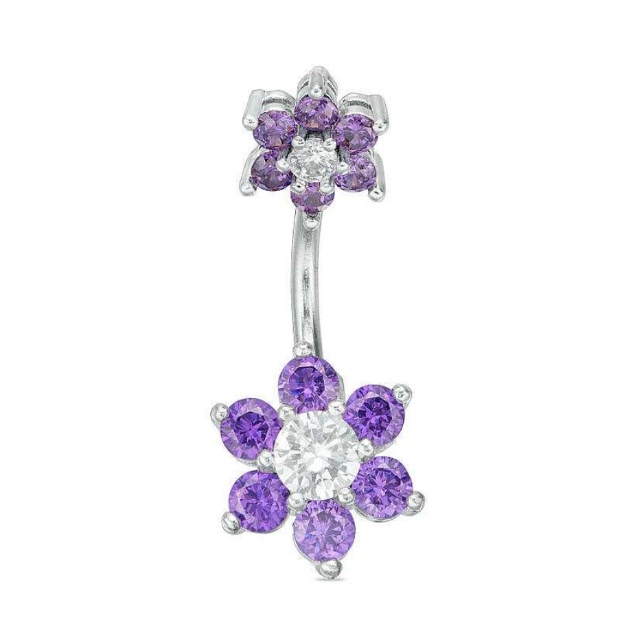 Banter Stainless Steel Cz Purple And White Double Flower Belly Button Ring - 14G Belly Button