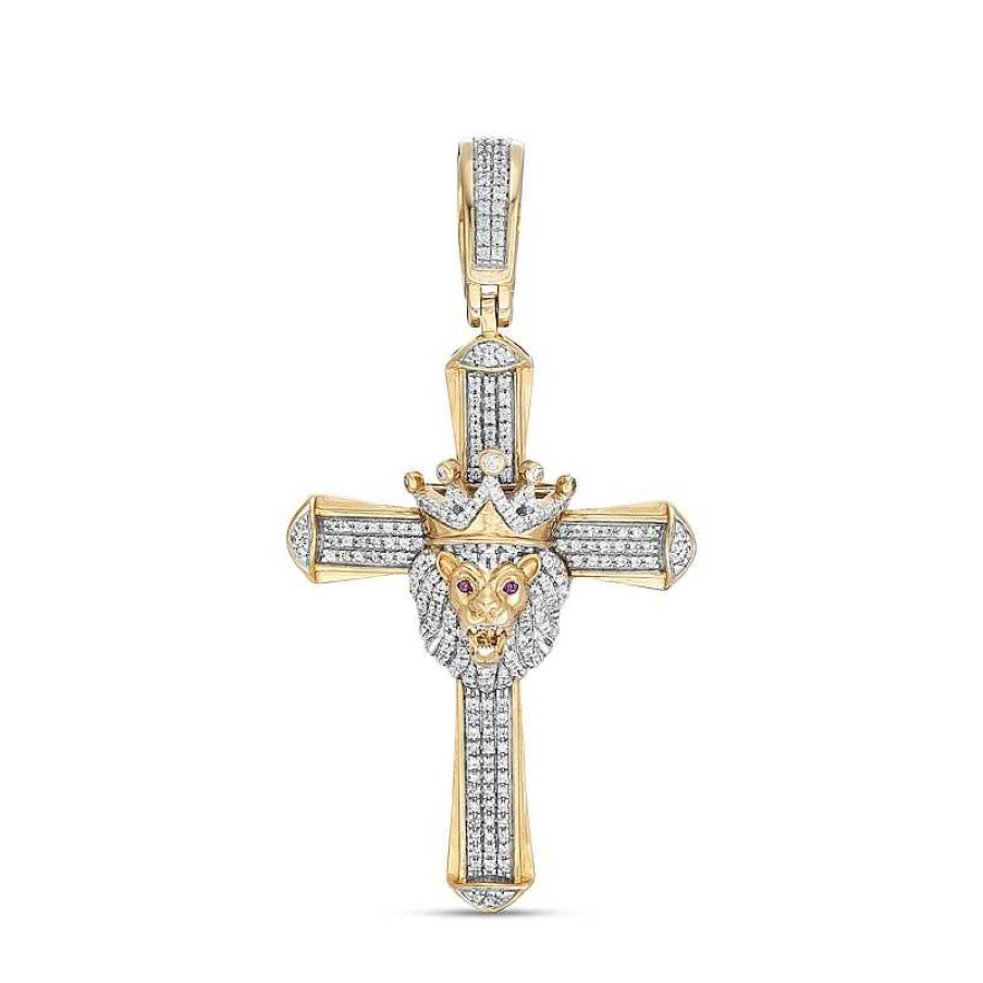 Banter 1/2 Ct. T.W. Diamond And Lab-Created Ruby Crowned Lion Cross Necklace Charm In 10K Gold Charms