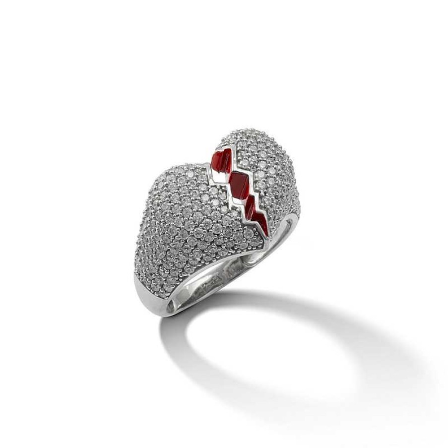 Banter Cubic Zirconia And Red Enamel Broken Heart Ring In Solid Sterling Silver Rings