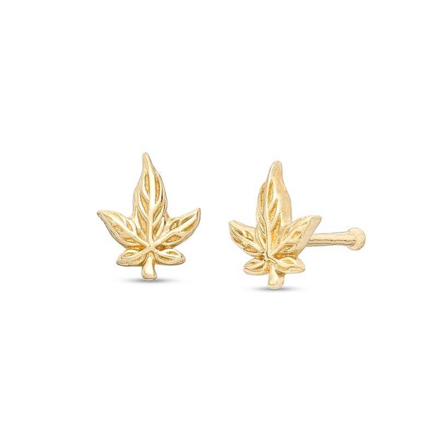 Banter 022 Gauge Diamond-Cut Cannabis Leaf Nose Stud In 14K Gold Nose