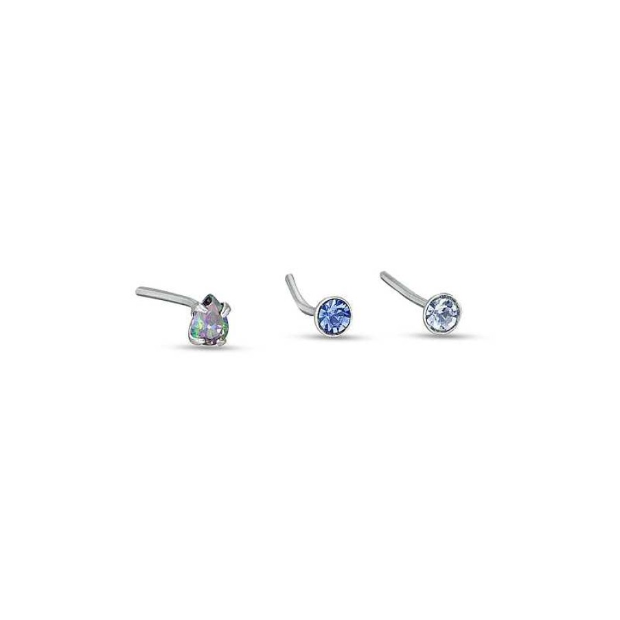 Banter 020 Gauge Pear-Shaped Rainbow Green Cubic Zirconia With Blue And Light Blue Nose Stud Set In Sterling Silver Nose