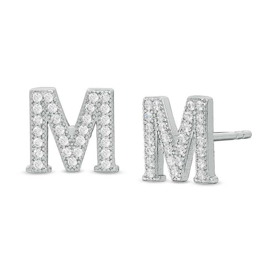 Banter Cubic Zirconia "M" Initial Vintage-Style Stud Earrings In Solid Sterling Silver Earrings