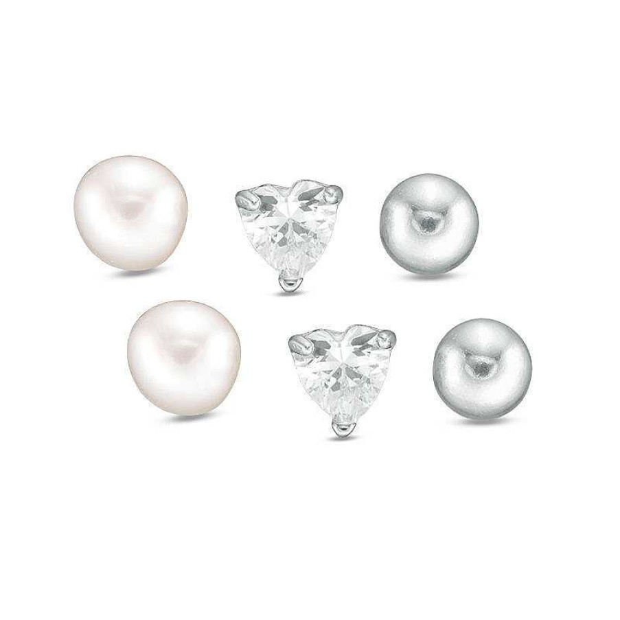 Banter Child'S 4Mm Cultured Freshwater Pearl, Heart-Shaped Cubic Zirconia And Ball Stud Earrings Set In Sterling Silver Earrings