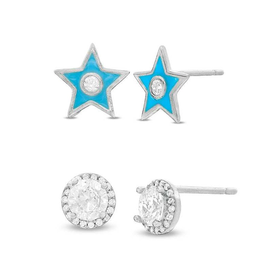 Banter 4.5Mm Cubic Zirconia Frame And Blue Enamel Star Two Pair Stud Earrings Set In Sterling Silver Earrings