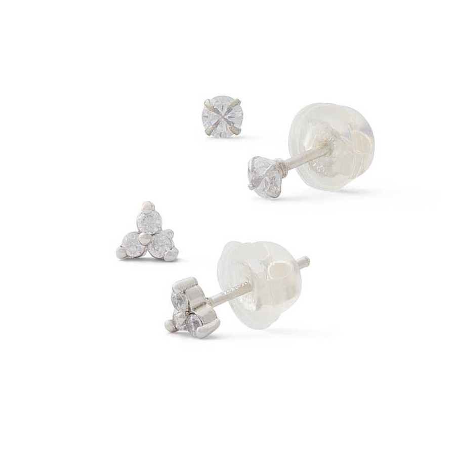 Banter Cubic Zirconia Solitaire And Trio Stud Earrings In Solid Sterling Silver Earrings