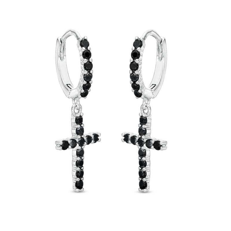 Banter Black Cubic Zirconia Cross Huggie Hoop Earrings In Solid Sterling Silver Earrings