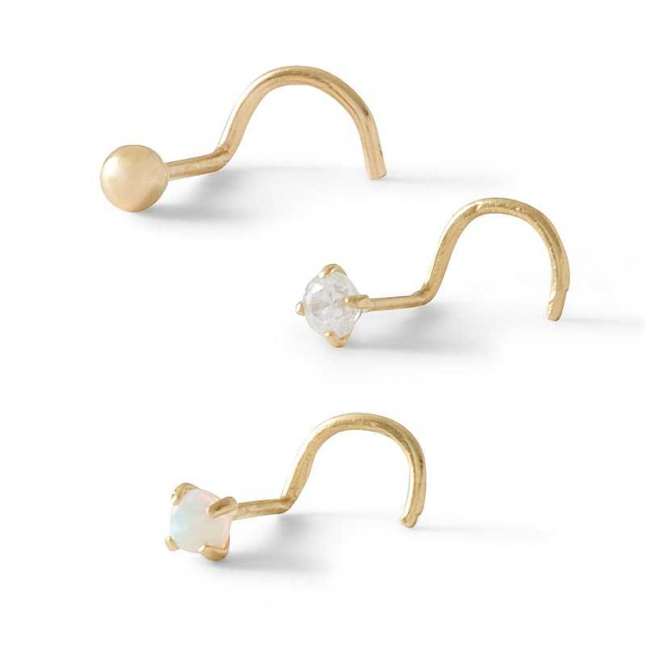 Banter 14K Semi-Solid And Hollow Gold Simulated Opal And Cz Screw Nose Stud Set - 22G Nose