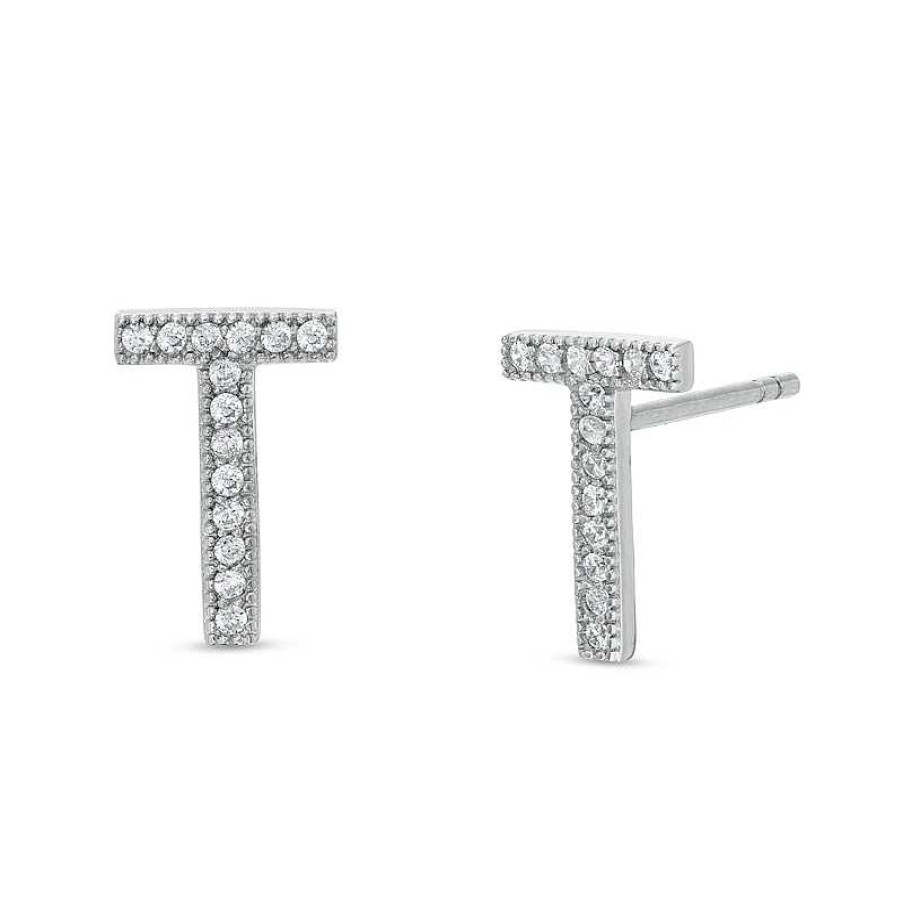 Banter Cubic Zirconia "T" Initial Stud Earrings In Solid Sterling Silver Earrings