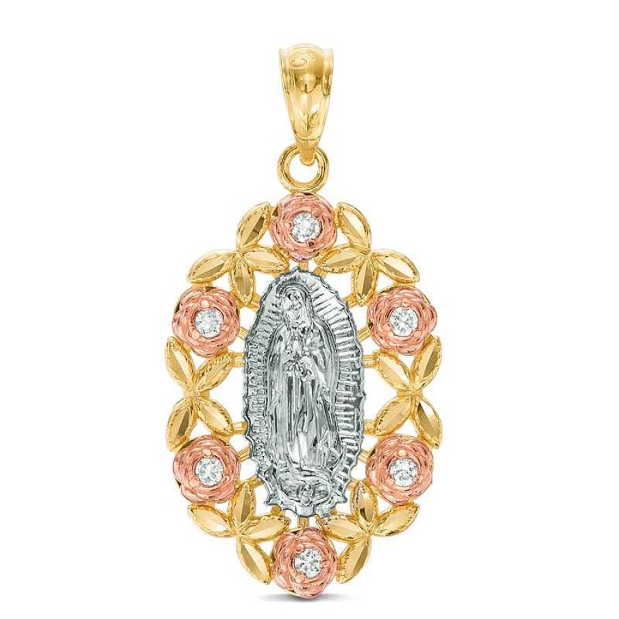 Banter Cubic Zirconia Roses Diamond-Cut Our Lady Of Guadalupe Floral Frame Tri-Tone Necklace Charm In 10K Gold Charms