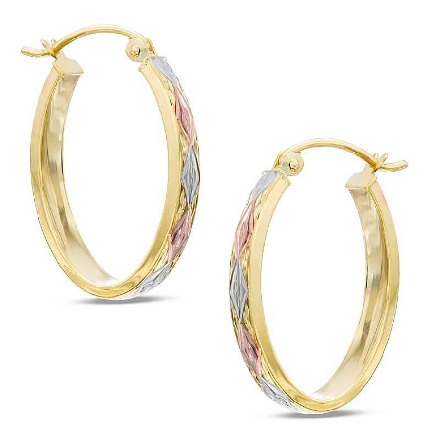 Banter Oval Diamond-Cut Tri-Tone Hoop Earrings In 10K Tube Hollow Gold Earrings