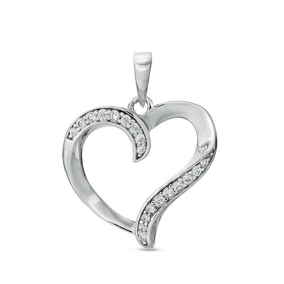 Banter Cubic Zirconia Ribbon Heart Outline Solid Necklace Charm In Solid Sterling Silver Charms