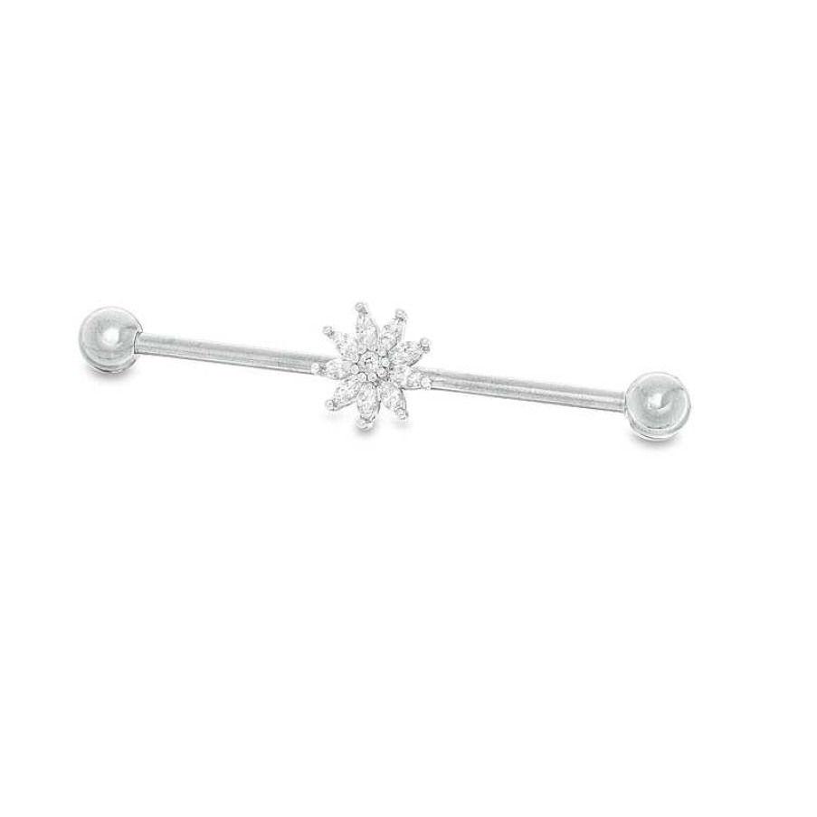 Banter Solid Stainless Steel Marquise And Round Cz Flower Industrial Barbell - 14G Earrings